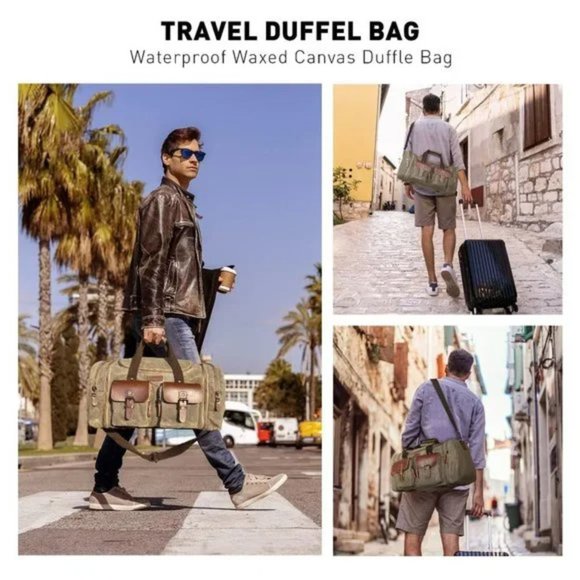 New Expandable Canvas Genuine Leather Duffle Bag Khaki Gray - Picture 2 of 8